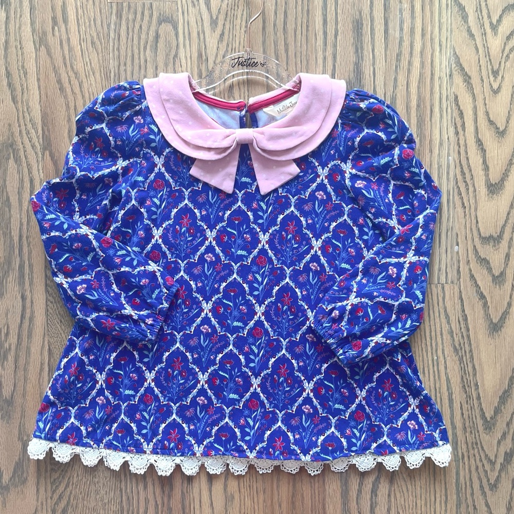 Matilda Jane Blue and Pink Kids Shirt with Floral Pattern Size 6